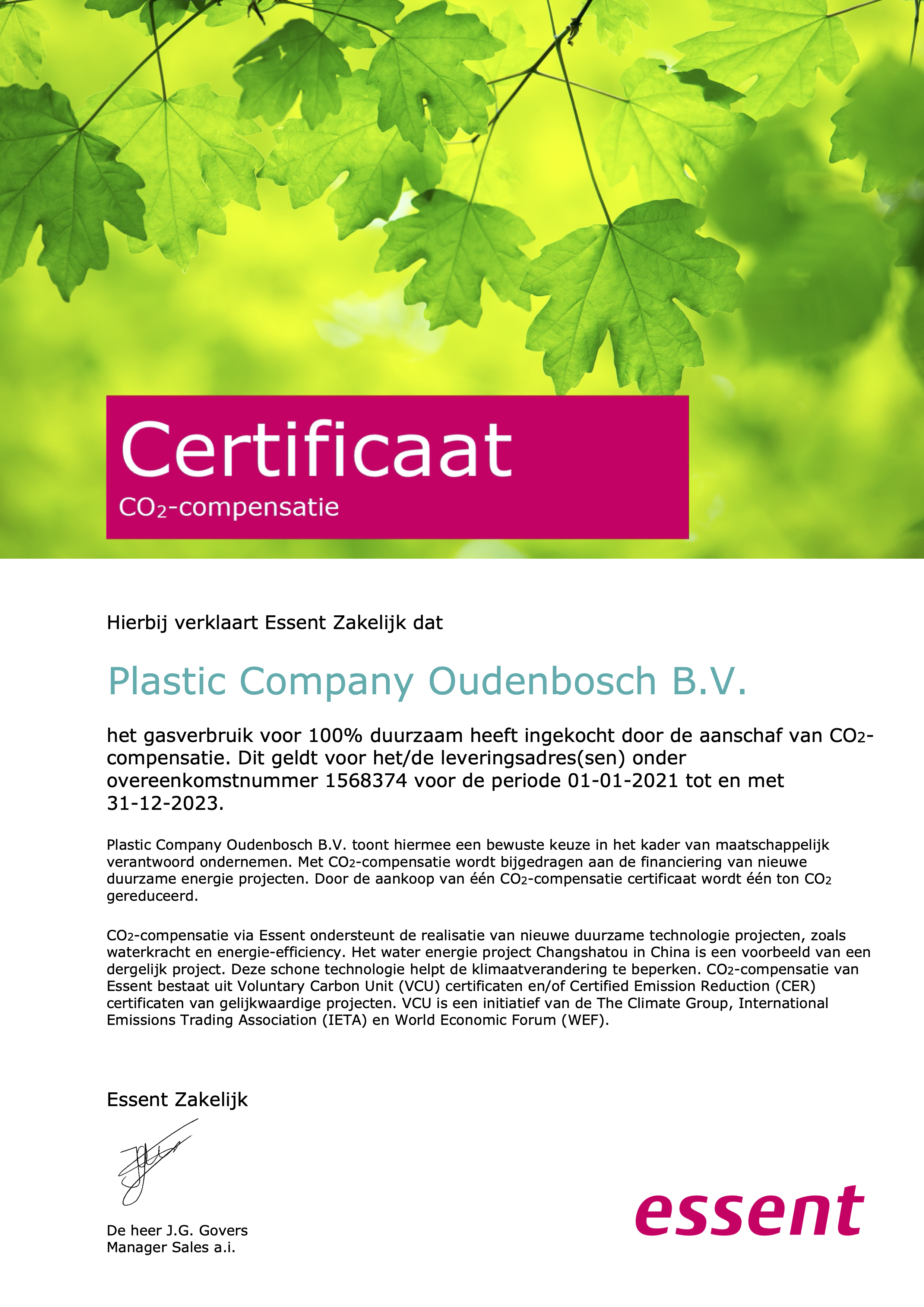 Certificaat groen gas Plastic Company Oudenbosch